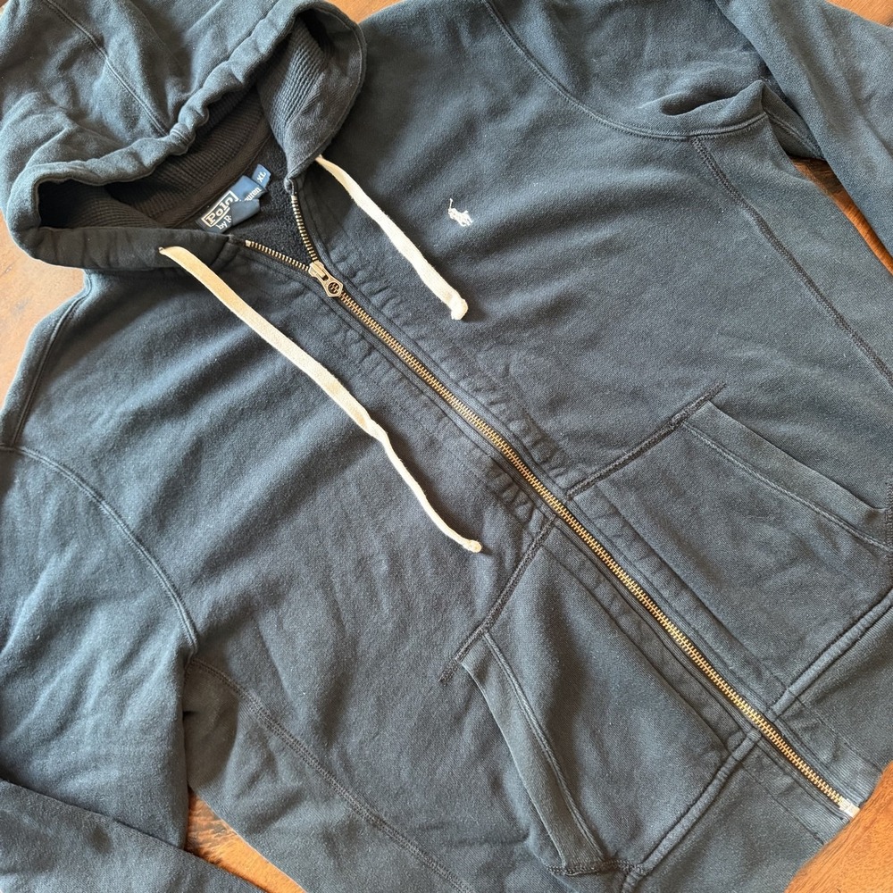 Polo Ralph Lauren Hoodie Mens XL Black Full Zip Fleece Kangaroo Pocket Logo
